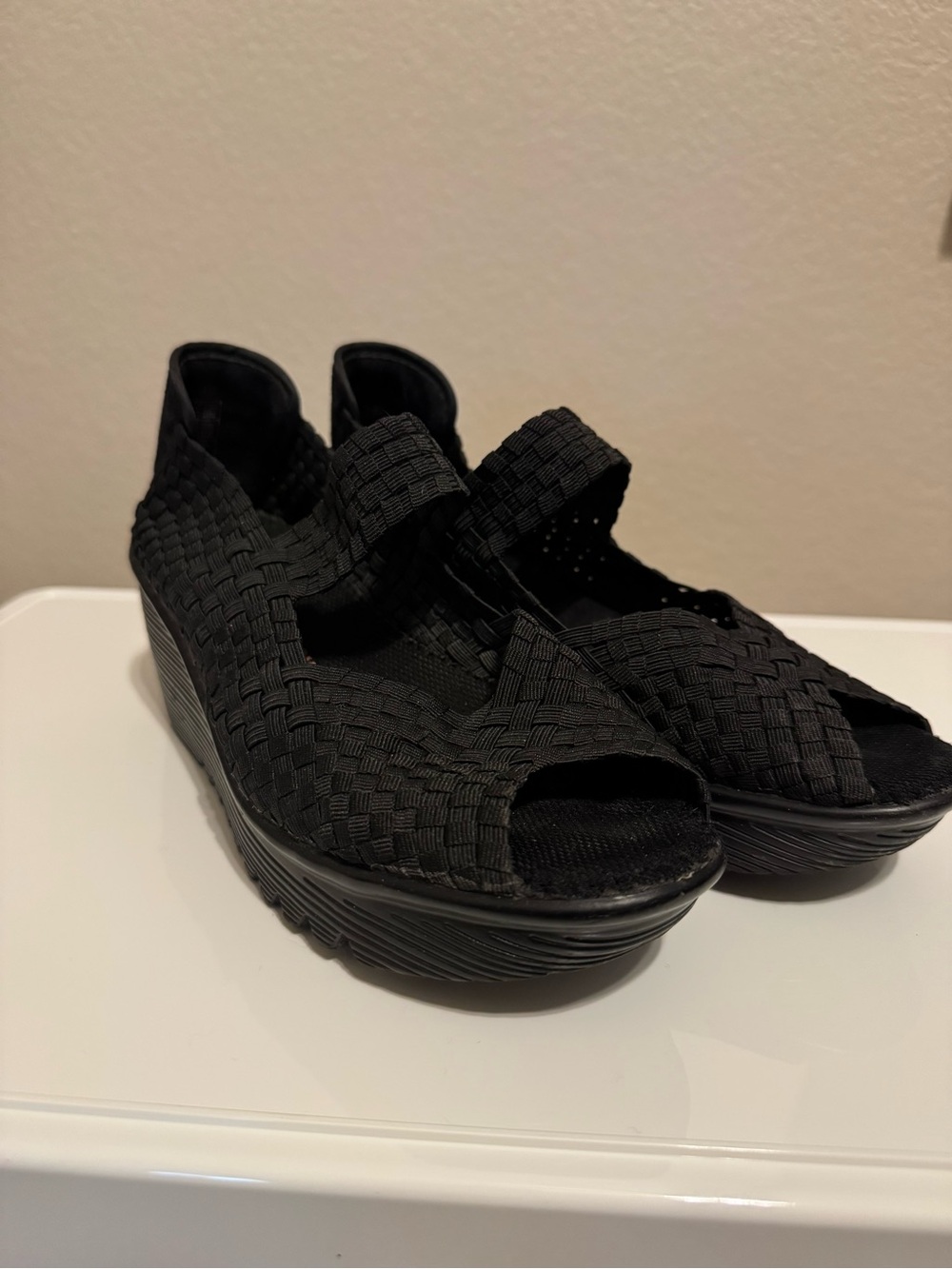 bernie mev. Black Woven Mary Jane Wedge Sandals